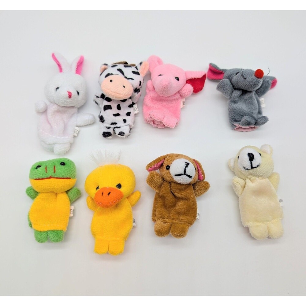 Lot of 8 Mini Plush Animal Finger Puppets Bunny Cow Pig Mouse Frog Duck #1